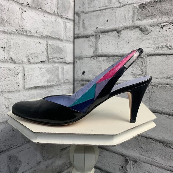 Bally Vintage Pointy Toe Sling Back Patent Black Leather Colour Block Pump - Picture 1 of 7